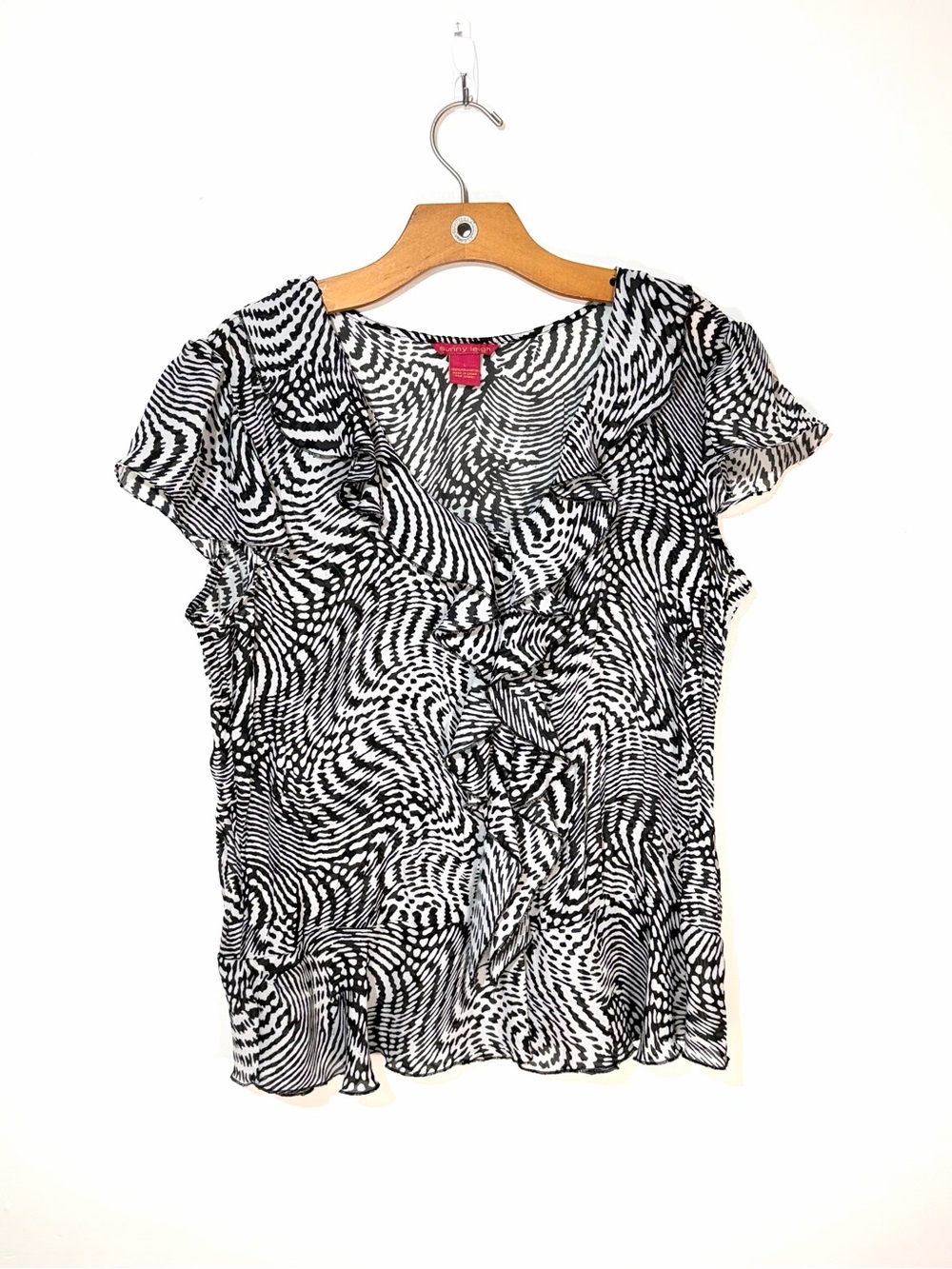 Sunny Leigh Black & White Ruffle-Front Blouse